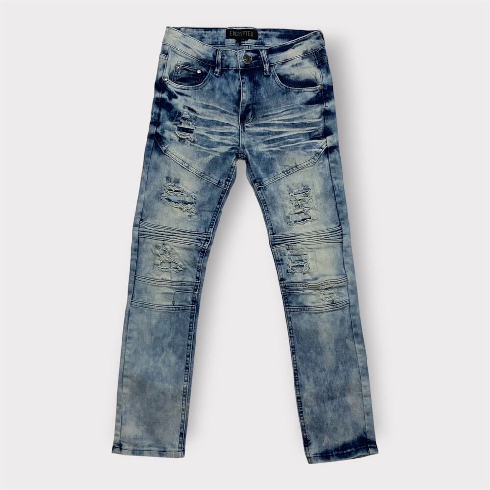 Encrypted Young Men’s Skinny Jeans Blue Acid Wash Distressed Denim Size 14